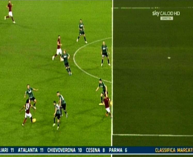 Polemiche in Roma-Sassuolo: al 48&#39; del secondo tempo il gol del 2-2 di Ljajic nasce da un dubbio fuorigioco di Florenzi sul tocco di Gervinho. Ansa-Sky